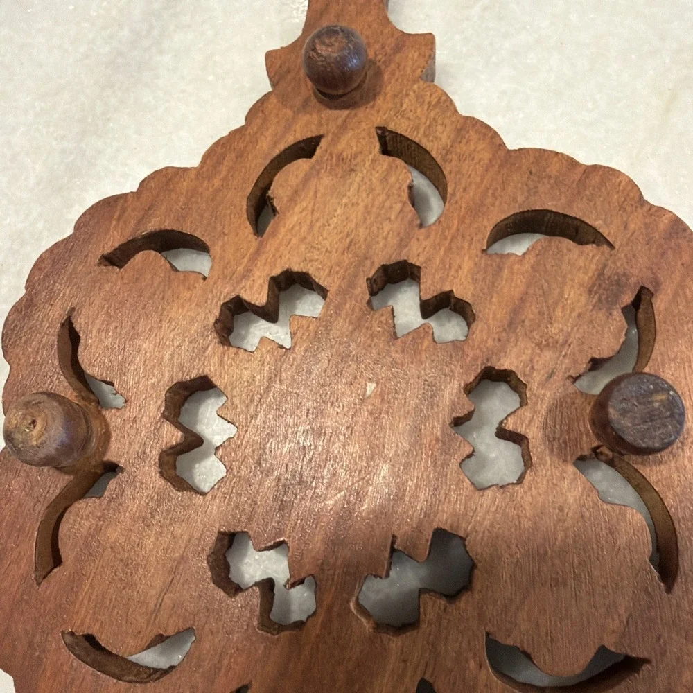 Vintage Hand Carved Wooden Trivet with Handle Made in India 001